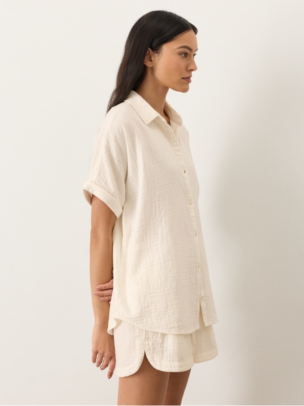Nwt pact apparel Organic Coastal Double Gauze button down Cream xs $98 - Picture 3 of 11